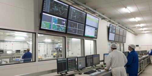 A control room with monitors displaying data from an automated carcass weighing and grading system.