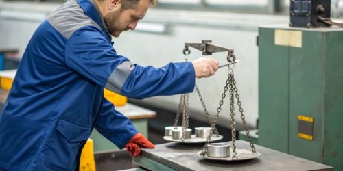A quality control professional using certified weights to calibrate an industrial bench scale.