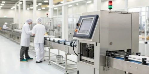 A single, clean, integrated weigh-labeling machine in a modern factory setting.