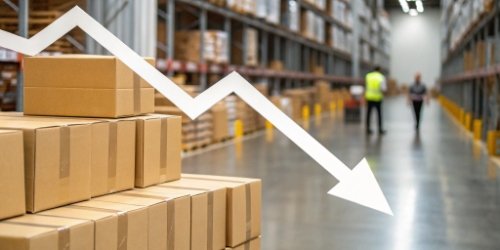 An arrow pointing down over stacks of boxes, symbolizing decreased efficiency.