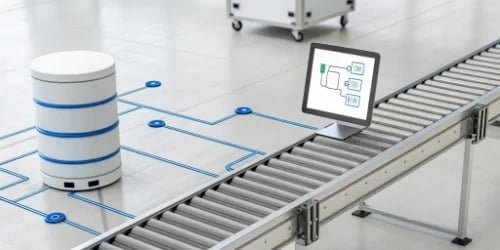 A diagram showing a central IoT scale connecting to a database, a tablet, and a conveyor belt