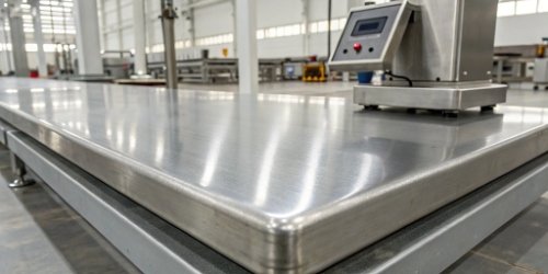 A detailed view of a 316 stainless steel scale surface, looking clean and corrosion-free in a factory setting.