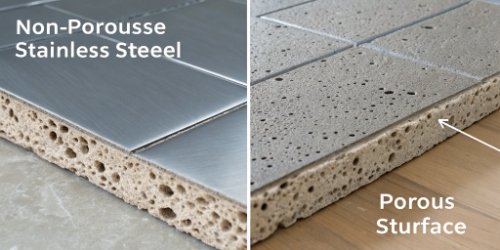 A diagram showing how a non-porous stainless steel surface prevents bacteria from hiding compared to a porous surface