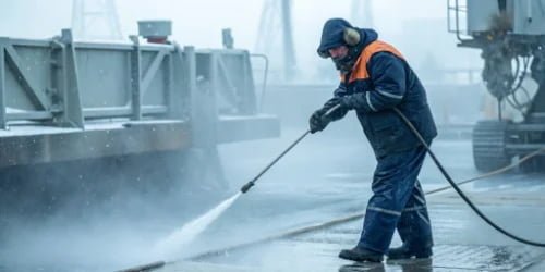 Challenges in Wet Industrial Environments A worker in a cold, wet environment cleaning equipment with a high-pressure hose.