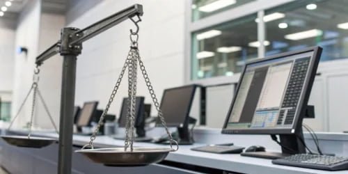 A scale connected to a computer system, showing data being transferred in real-time.