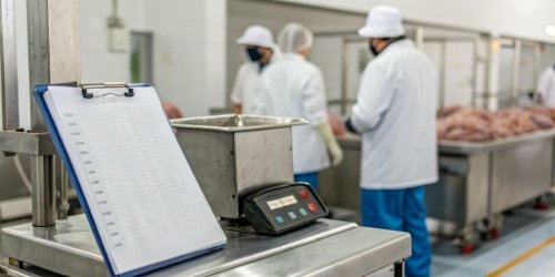 A checklist or SOP document next to a weighing station