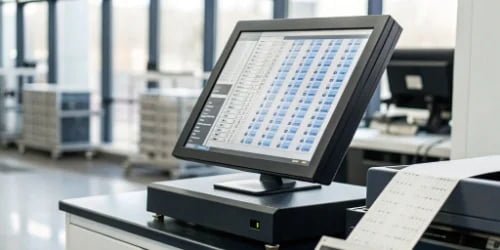 Smart PC Scale Multi-tasking A smart PC scale's screen displaying complex inventory software while a label prints out