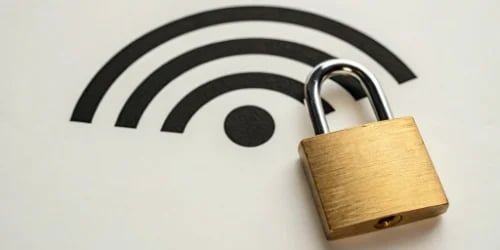 An icon of a locked padlock over a Wi-Fi signal, representing secure data transmission.