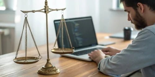 A software developer working on code with an industrial scale on the desk for testing