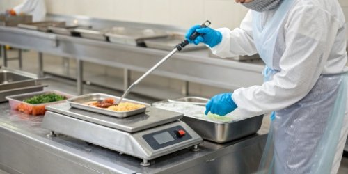 A food production worker easily cleaning a sealed, high IP-rated weighing scale.
