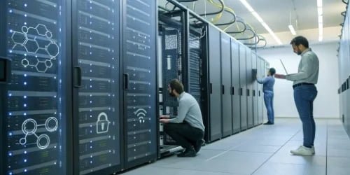 A server room with icons showing data backup and recovery processes