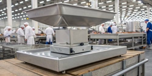 A durable, stainless steel scale in a busy meat processing factory.