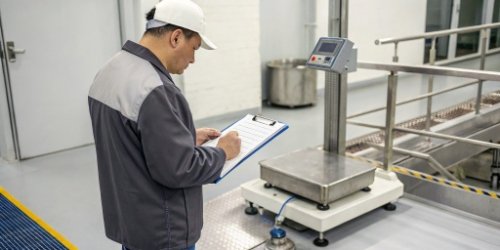 An auditor reviewing a checklist next to a clean, compliant industrial scale
