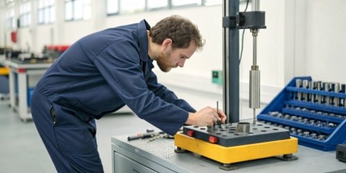 A technician performing a routine calibration on an industrial scale.