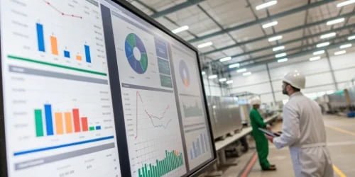 a dashboard showing production analytics and KPIs for a meat processing plant