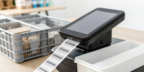 A close-up of a custom label with a barcode being printed by an Android smart scale.