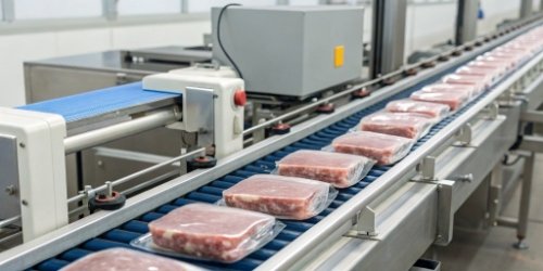 A fully automated meat portioning and labeling conveyor line