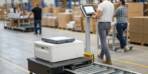 An all-in-one Smart PC Scale operating in a busy warehouse, showing its integration into the workflow.