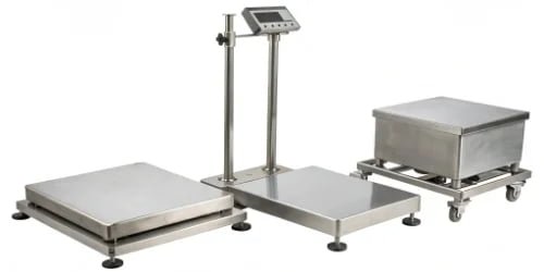 A collection of different washdown scales, including a bench scale and a floor scale.