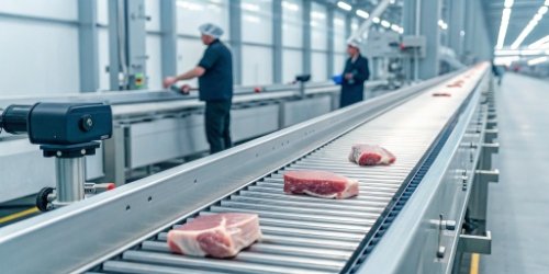 An illustration showing AI and machine vision scanning a carcass on a conveyor for grading purposes.