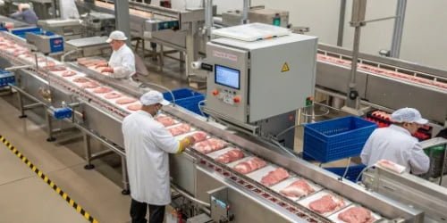 A fast-paced meat processing line with an integrated checkweigher