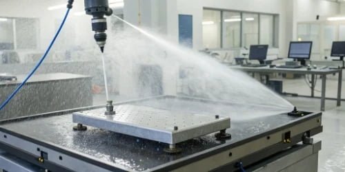 A scale undergoing a high-pressure water spray test in a quality control lab.
