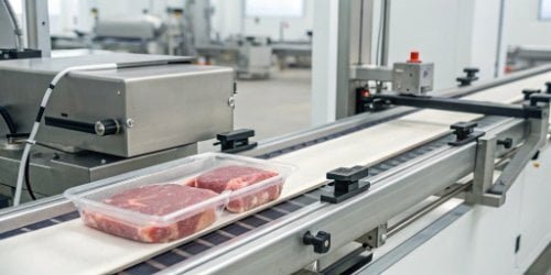 An all-in-one weigh-labeling machine automatically applying a printed label to a package of meat on a conveyor belt.