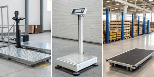 A collage of different industrial scale types: a bench scale, a floor scale, and a custom conveyor scale