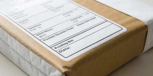 A close-up shot of a perfectly accurate shipping label applied neatly to a package