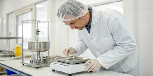A quality control inspector testing a weighing scale in a lab before shipment.