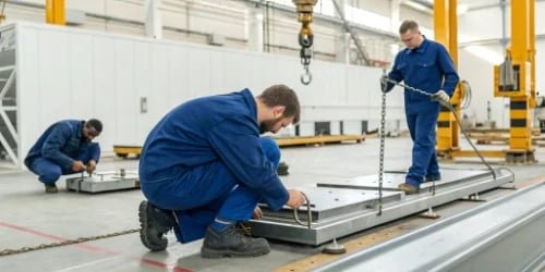 Installation of Industrial Weighing Systems A team of technicians installing and configuring industrial scales in a factory setting.