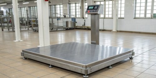 An industrial floor scale with a stainless steel protective shroud over its digital indicator.