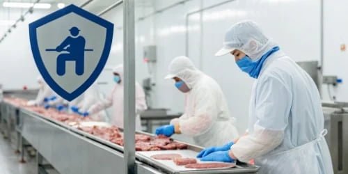 A safety icon overlaid on an image of a clean, modern meat processing line.