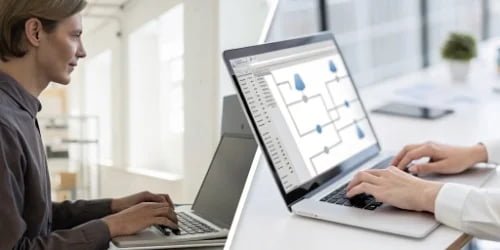 Software Efficiency and Hardware A split-screen showing a slow, clumsy manual data entry process versus a fast, automated data transfer