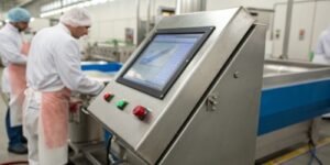What are the benefits of a large, glove-friendly touchscreen in a slaughterhouse?