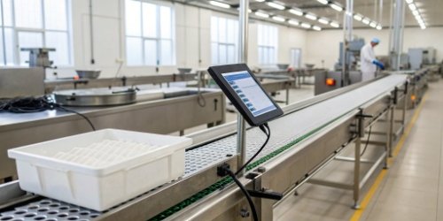 Farm-to-Fork Data Capture A smart industrial scale in a food processing facility, showing a connected tablet with data graphs.