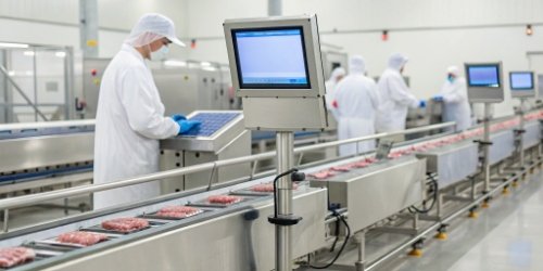 A modern, clean slaughterhouse processing line with digital screens displaying data.