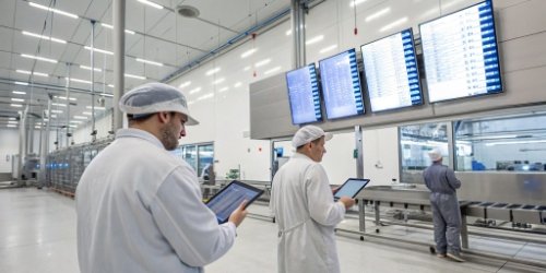 A modern digital slaughterhouse with data screens and tablets