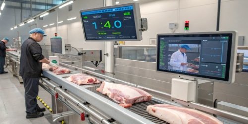 A futuristic depiction of a production line with data overlays showing weight, body shape, and fat analysis on a pig carcass.