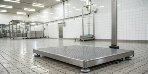 Stainless Steel Scale for Meat Processing A durable, stainless steel platform scale in a clean slaughterhouse environment