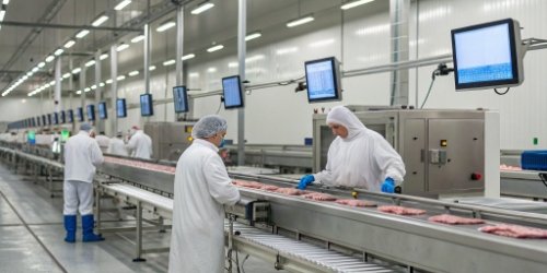 Digital Management in a Slaughterhouse A modern, clean slaughterhouse production line with digital screens displaying data.