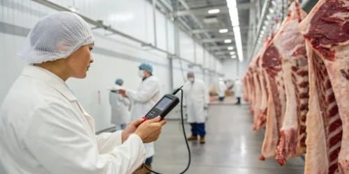 A butcher scanning a QR code on a piece of meat in a modern, clean slaughterhouse.