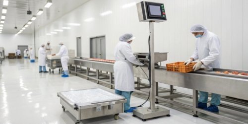 An industrial weighing scale being used in a clean food processing facility
