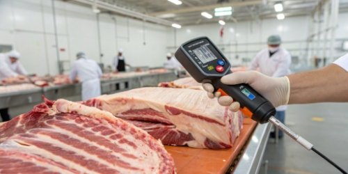 A lean meat percentage measuring instrument being used on a pork carcass