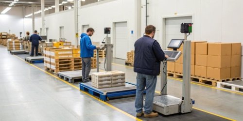 Warehouse receiving area with industrial scales and computers