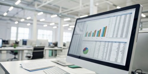 A detailed gross profit analysis report on a computer screen in a modern slaughterhouse office