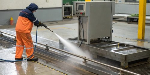 A sealed weighing terminal being cleaned with a water jet in a factory.