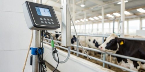 A smart scale with an RFID reader attached, showing a weight and an animal ID on its screen.