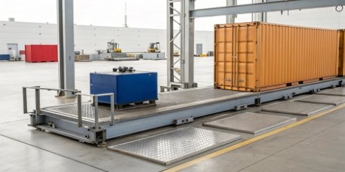 A weighing station with adjustable guides for different container sizes