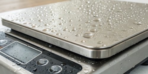 IP-rated Waterproof Seal on Scale A close-up of the waterproof sealing on a stainless steel industrial scale